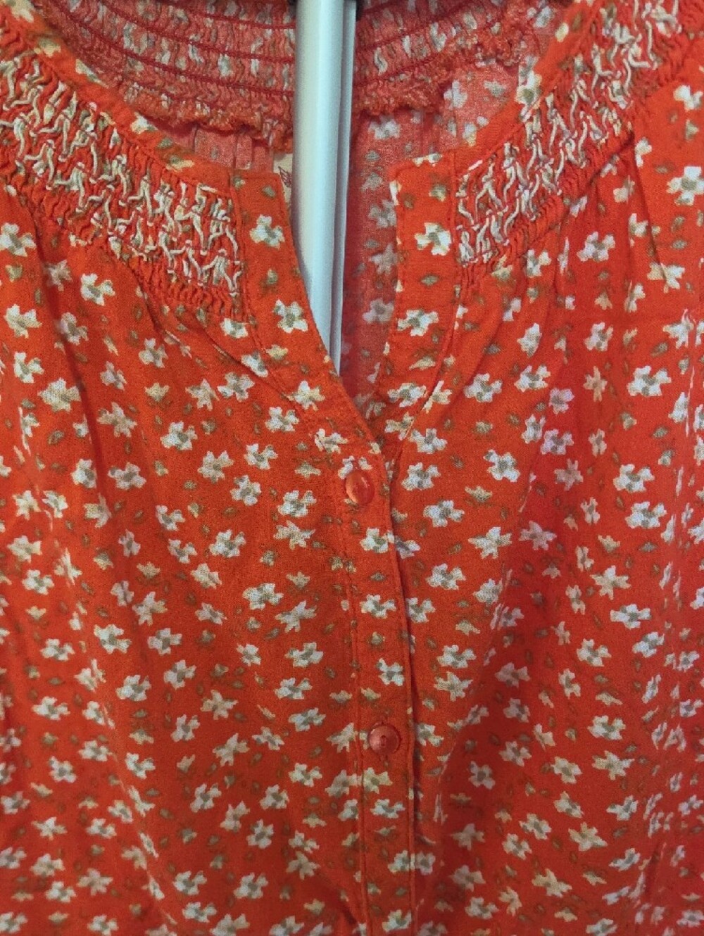 Faded Glory Orange Floral Smocked Neck Blouse - Picture 2 of 3
